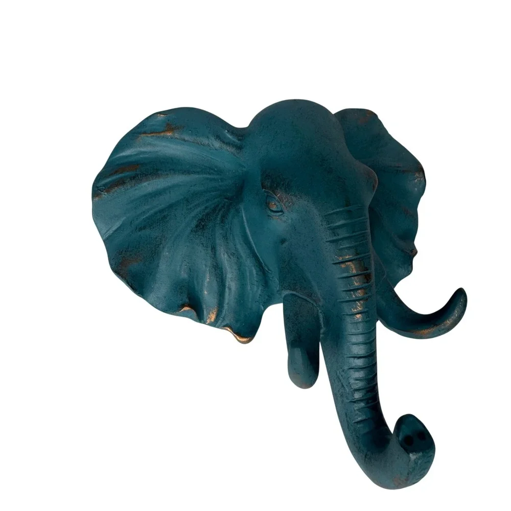 Bohemian Boho Elephant Head Wall Hooks Set of 2 Green Bronze Resin Safari Decor